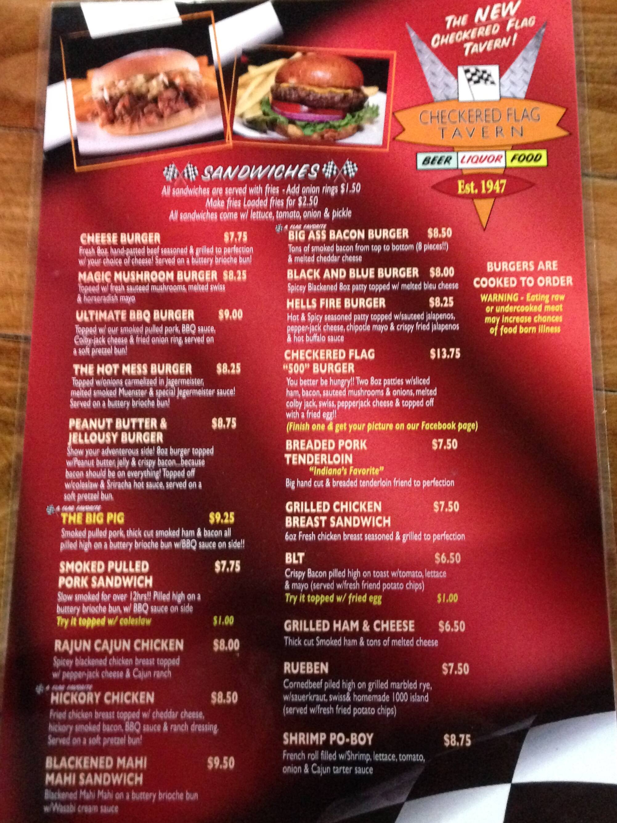 Menu at Checkered Flag Tavern pub & bar, Indianapolis