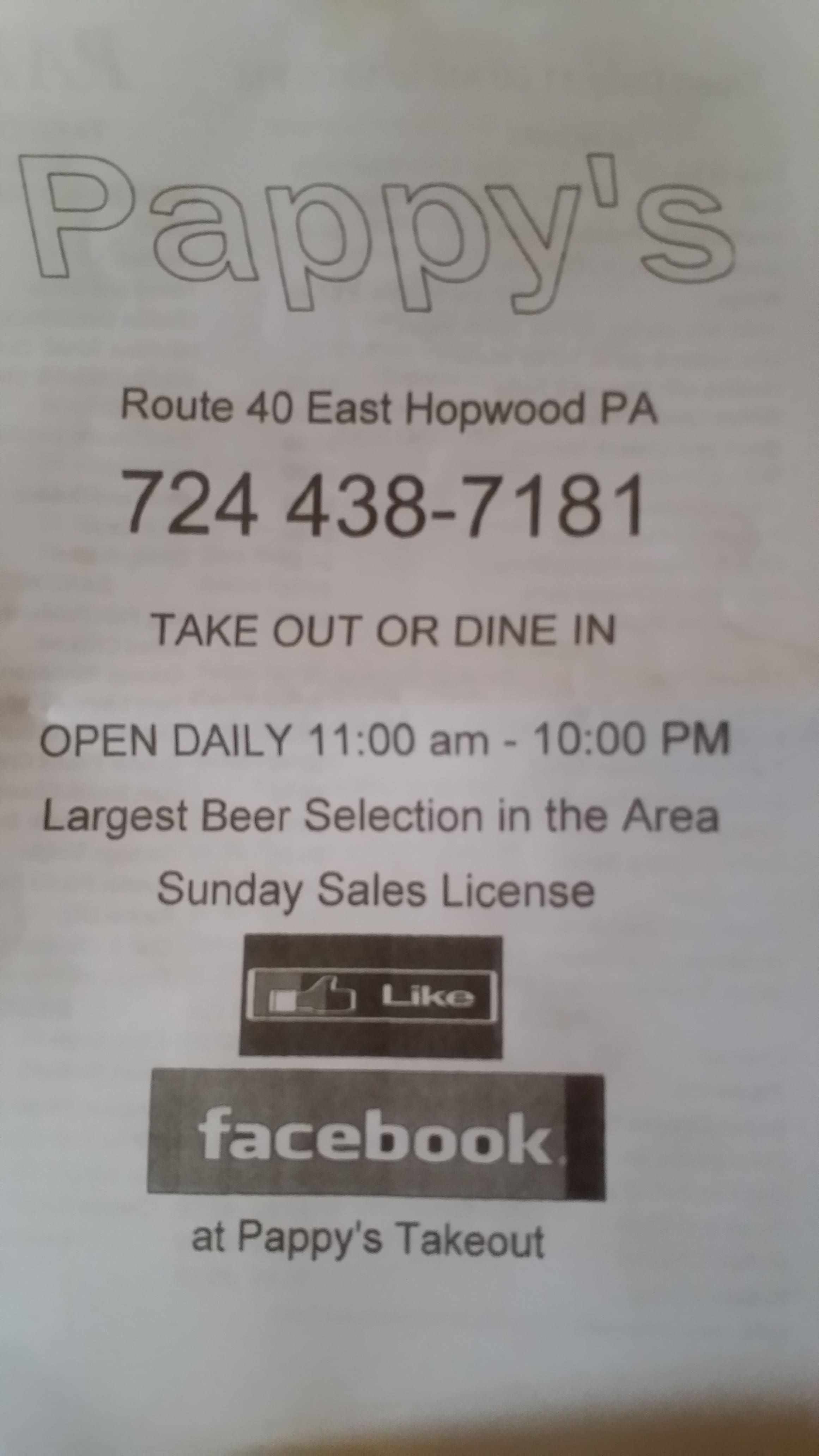 Menu at Pappy’s pizzeria, Uniontown