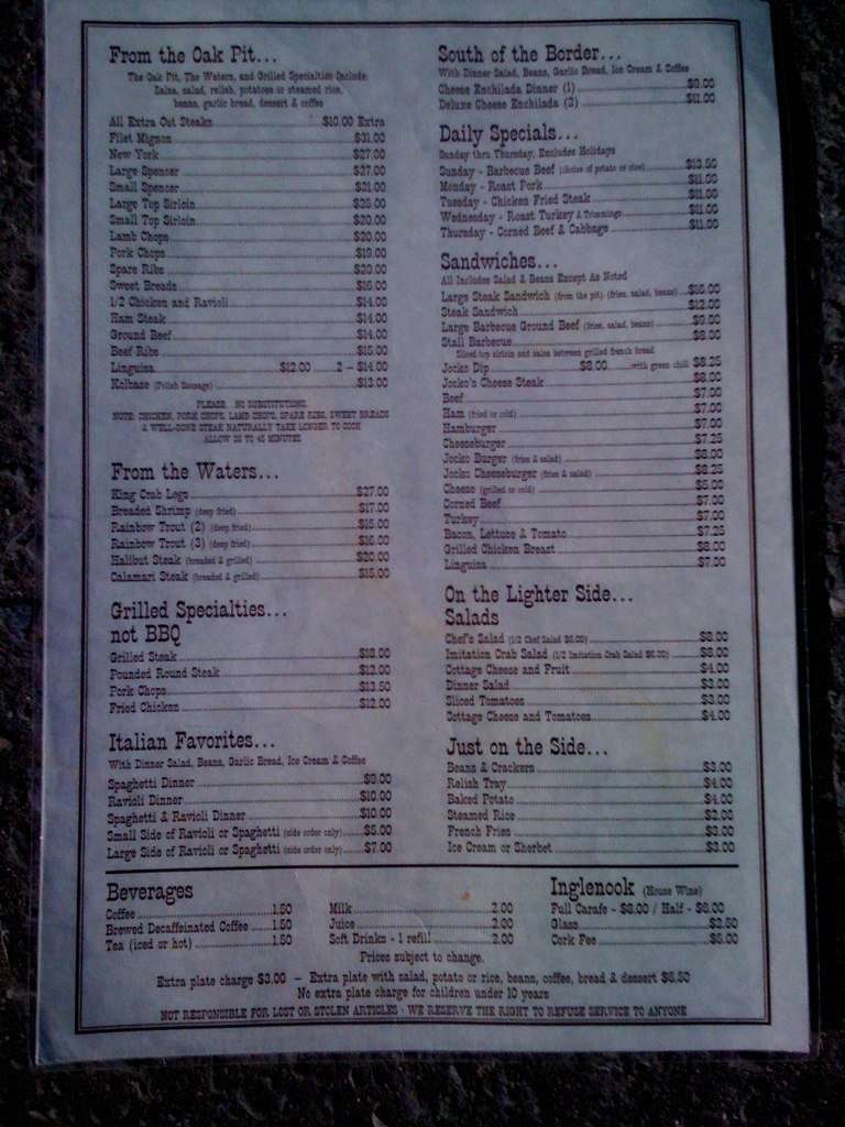 Jocko's Steak House Menu, Menu podniku Jocko's Steak House, Nipomo
