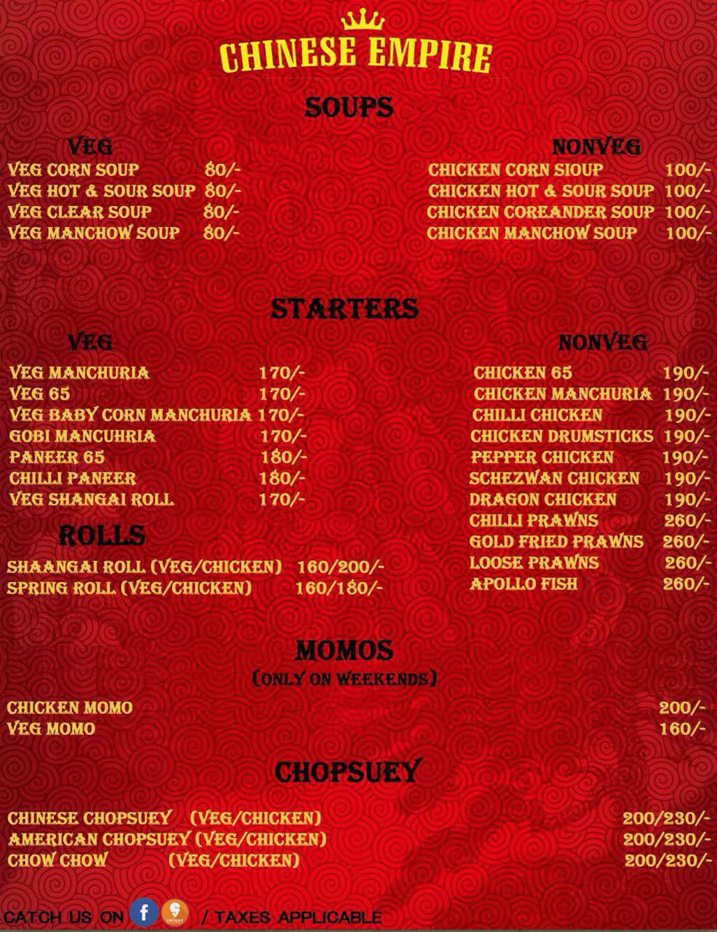 Chinese Empire menu, Menu restauracji Chinese Empire, Kompally