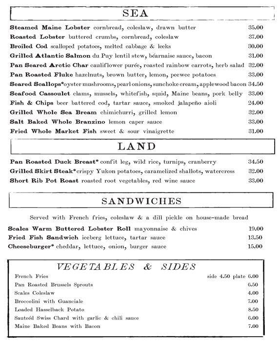 Menu at Scales restaurant, Portland, 68 Commercial St
