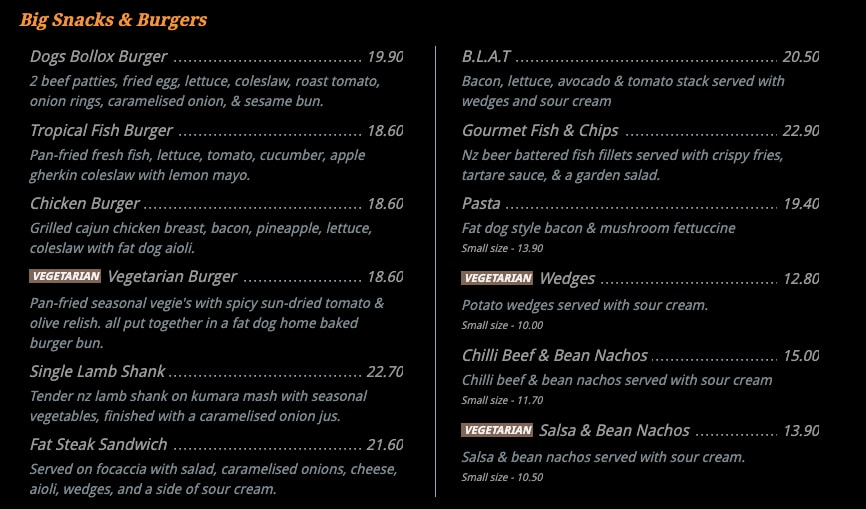 Menu at Fat Dog Cafe & Bar, Rotorua