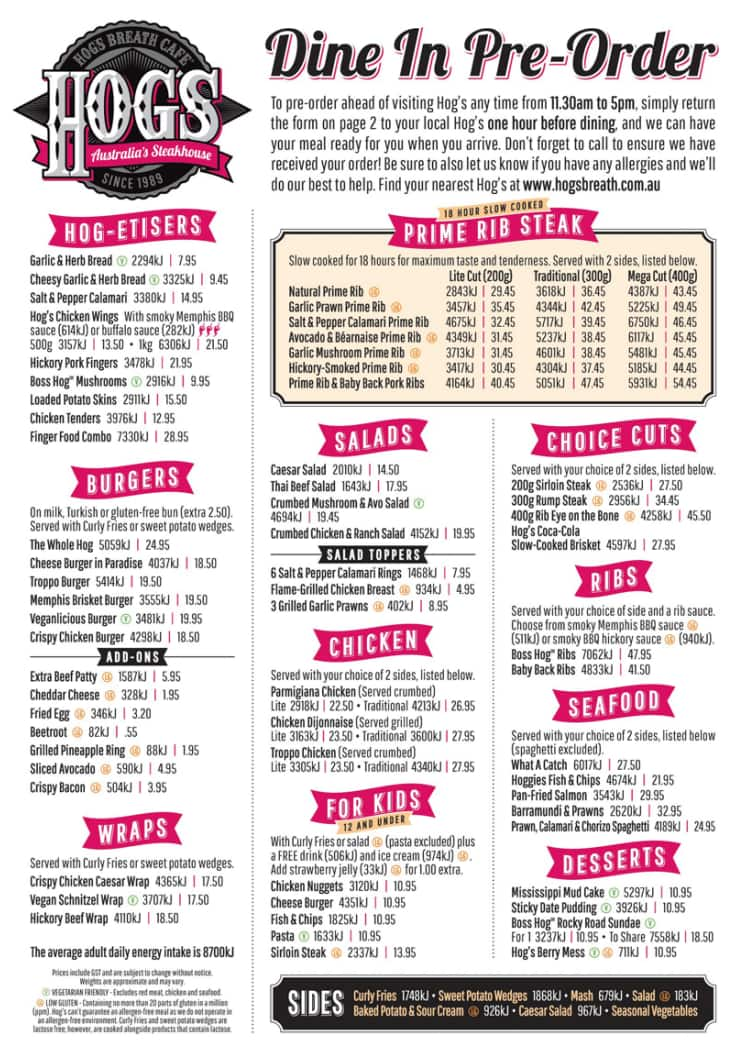 Menu at Hog's Breath Cafe Morayfield, Morayfield