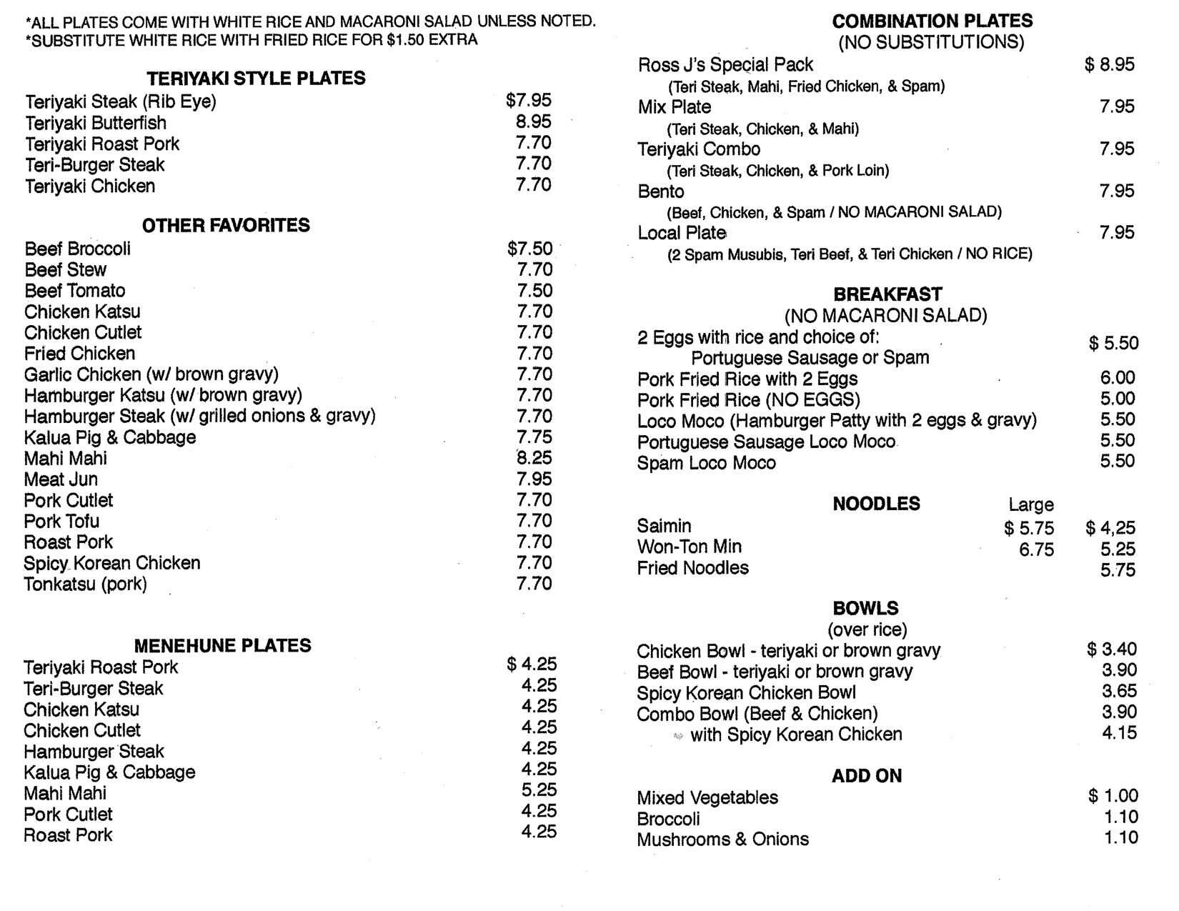 Menu at Ross J's Aloha Grill restaurant, Henderson, E Sunset Rd