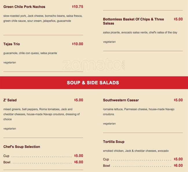 Menu at Z'Tejas pub & bar, Chandler, W Ray Rd