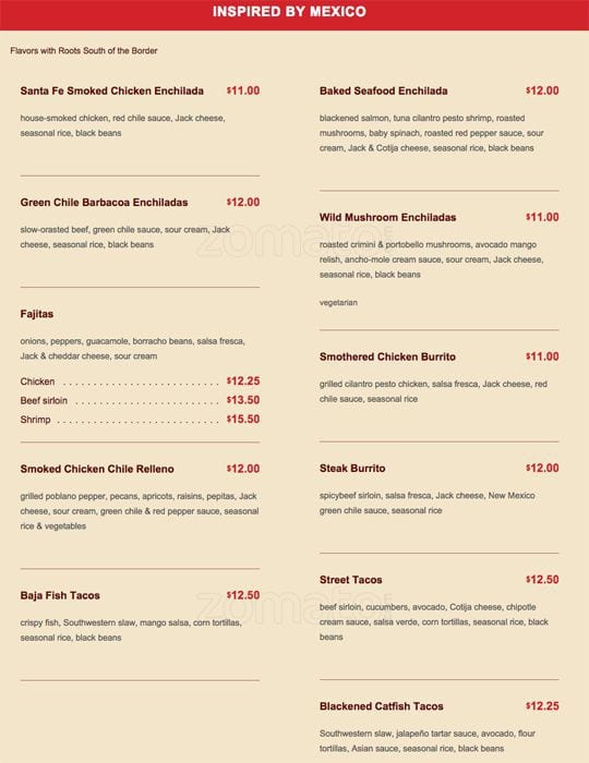 Menu at Z'Tejas pub & bar, Chandler, W Ray Rd