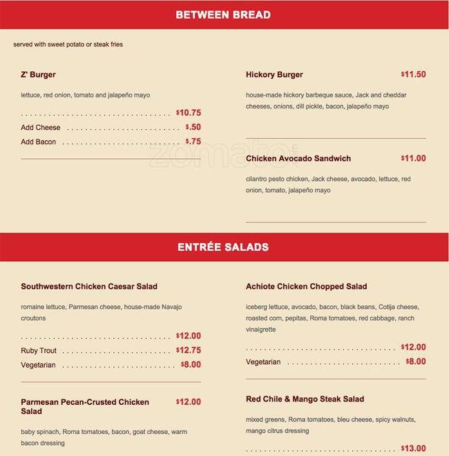 Menu at Z'Tejas pub & bar, Chandler, W Ray Rd