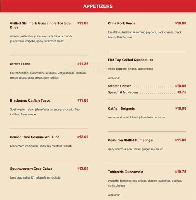 Z'Tejas Menu, Menu for Z'Tejas, Chandler, Chandler Urbanspoon/Zomato