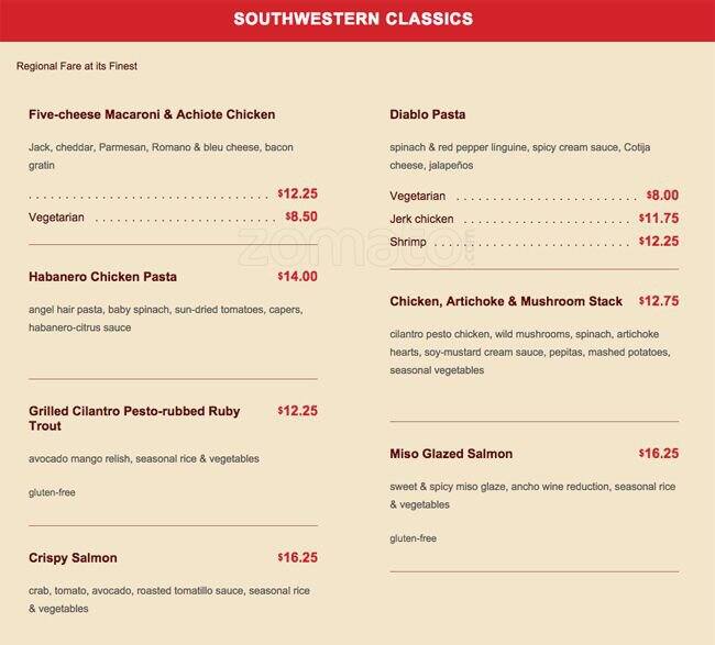 Menu at Z'Tejas pub & bar, Chandler, W Ray Rd