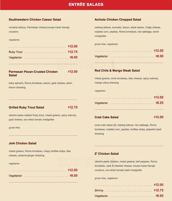 Menu at Z'Tejas pub & bar, Chandler, W Ray Rd