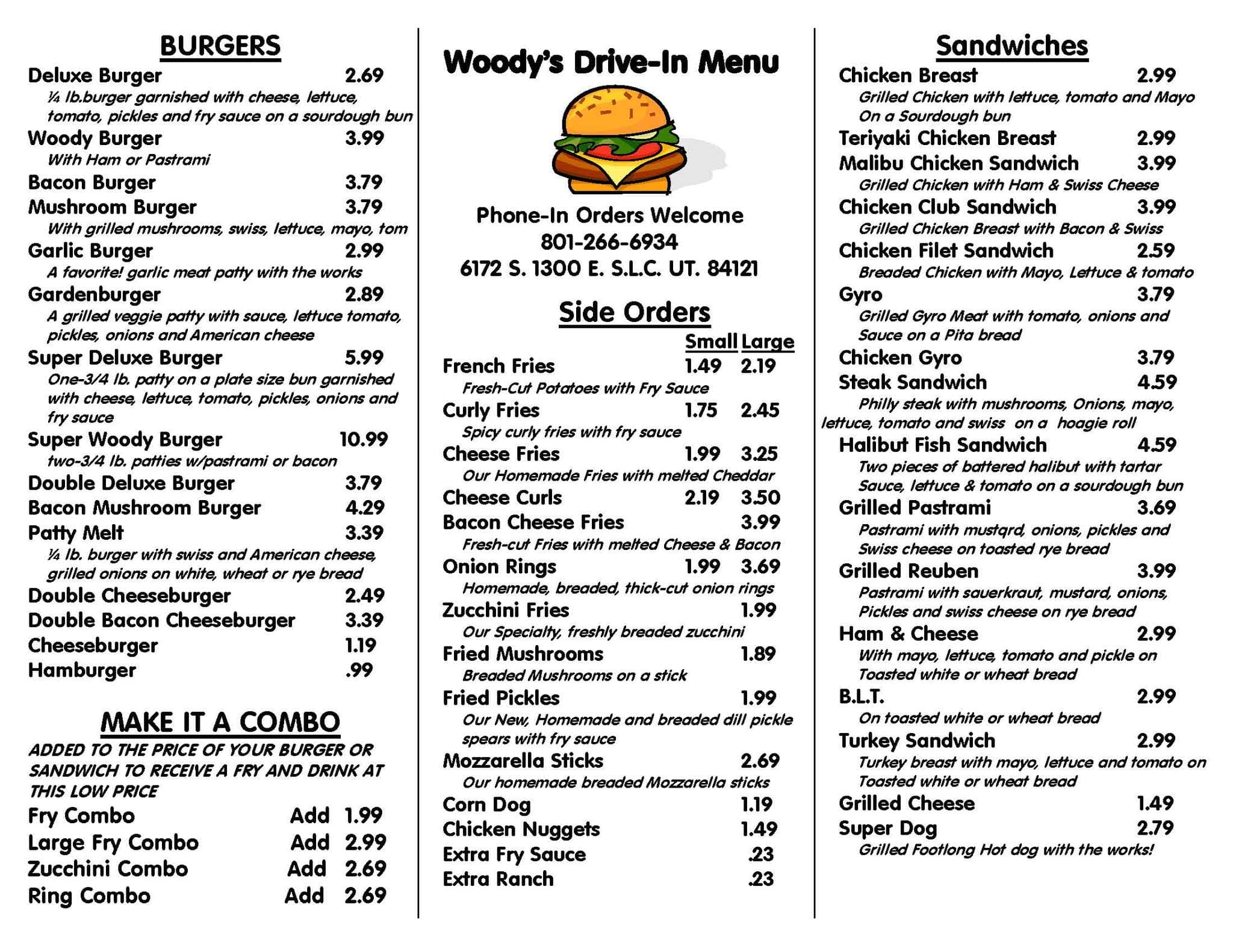 Menu at Woody's Drive-In restaurant, Salt Lake City, 1300 E2048 x 1582