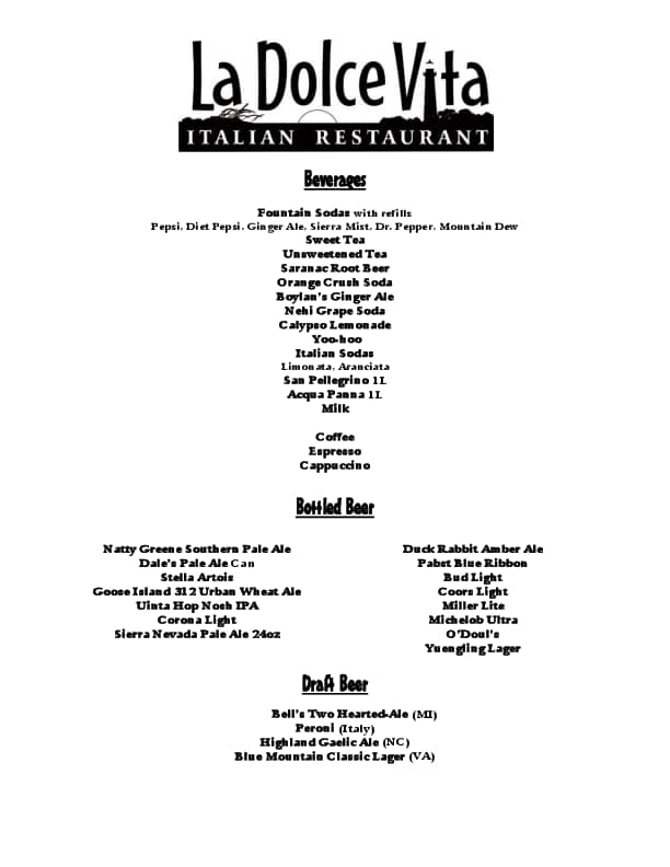 Menu at La Dolce Vita pub & bar, Corolla, 798 Sunset Blvd