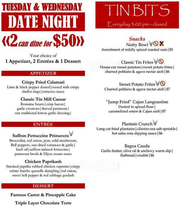 Menu at Tin Mill restaurant, Uxbridge