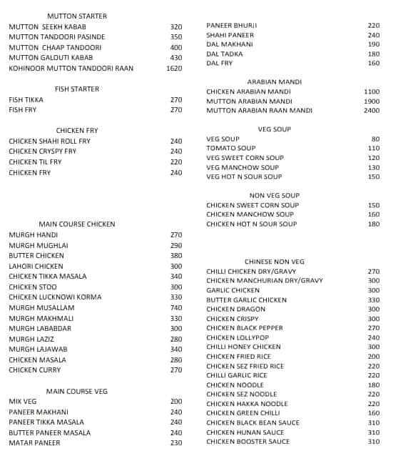 Menu at kohinoor restaurant, Bhopal