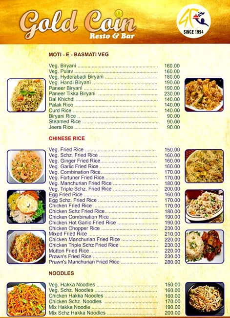 Menu of Gold Coin Restaurant Mira Road Mumbai