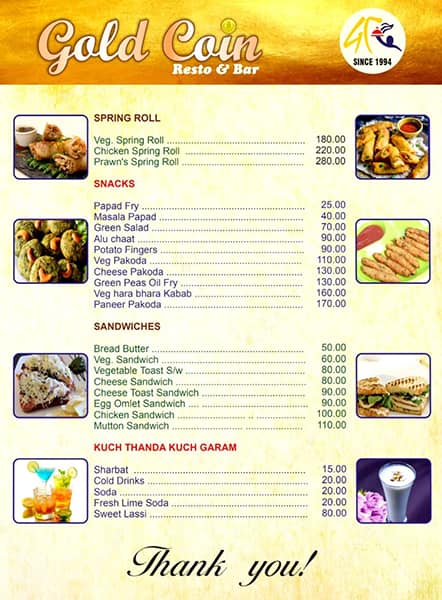 Gold Coin Restaurant & Bar menu