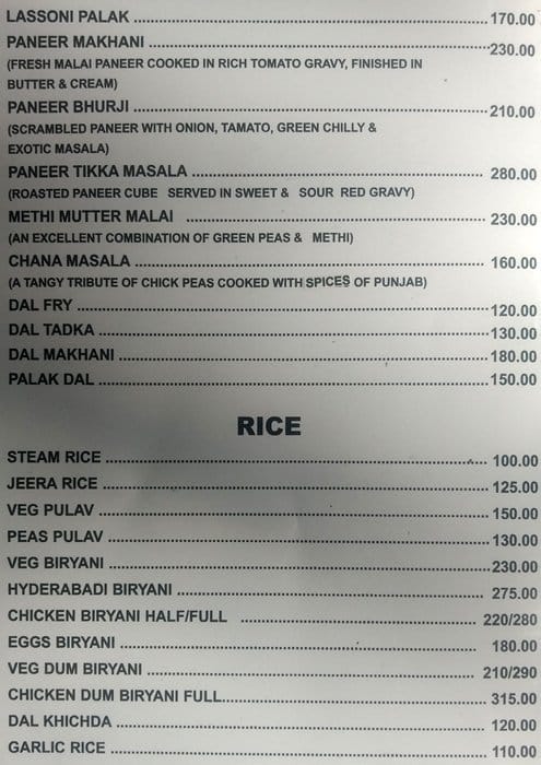 Rani Rasoi menu