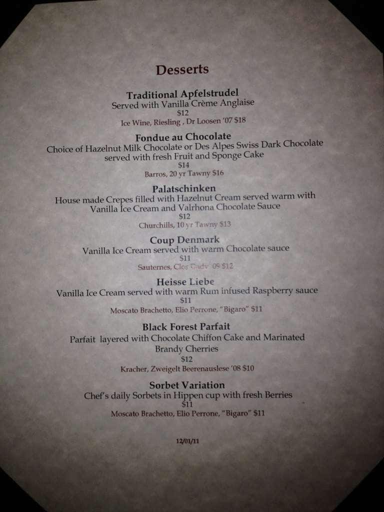 Menu at Swiss Chalet restaurant, Vail