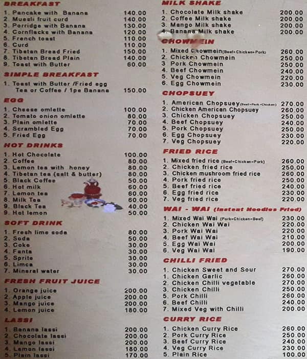 Menu of Kunga Restaurant, Chauk Bazaar, Darjeeling