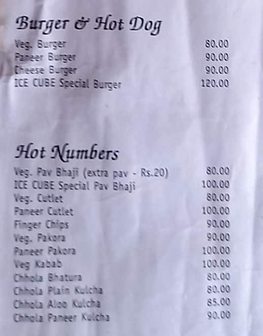 Ice Cube Restaurant menu