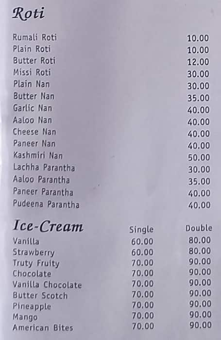 Ice Cube Restaurant menu