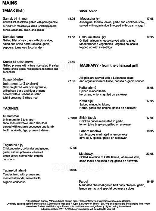 Menu at Levant restaurant, London, 76 Wigmore St