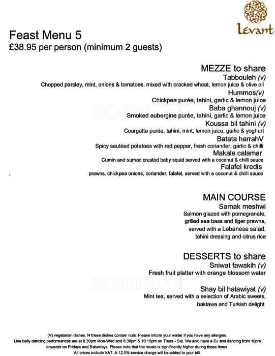 Menu at Levant restaurant, London, 76 Wigmore St