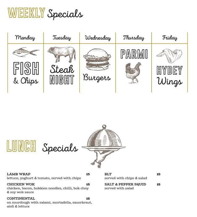 Menu at Hyde Park Hotel pub & bar, Perth