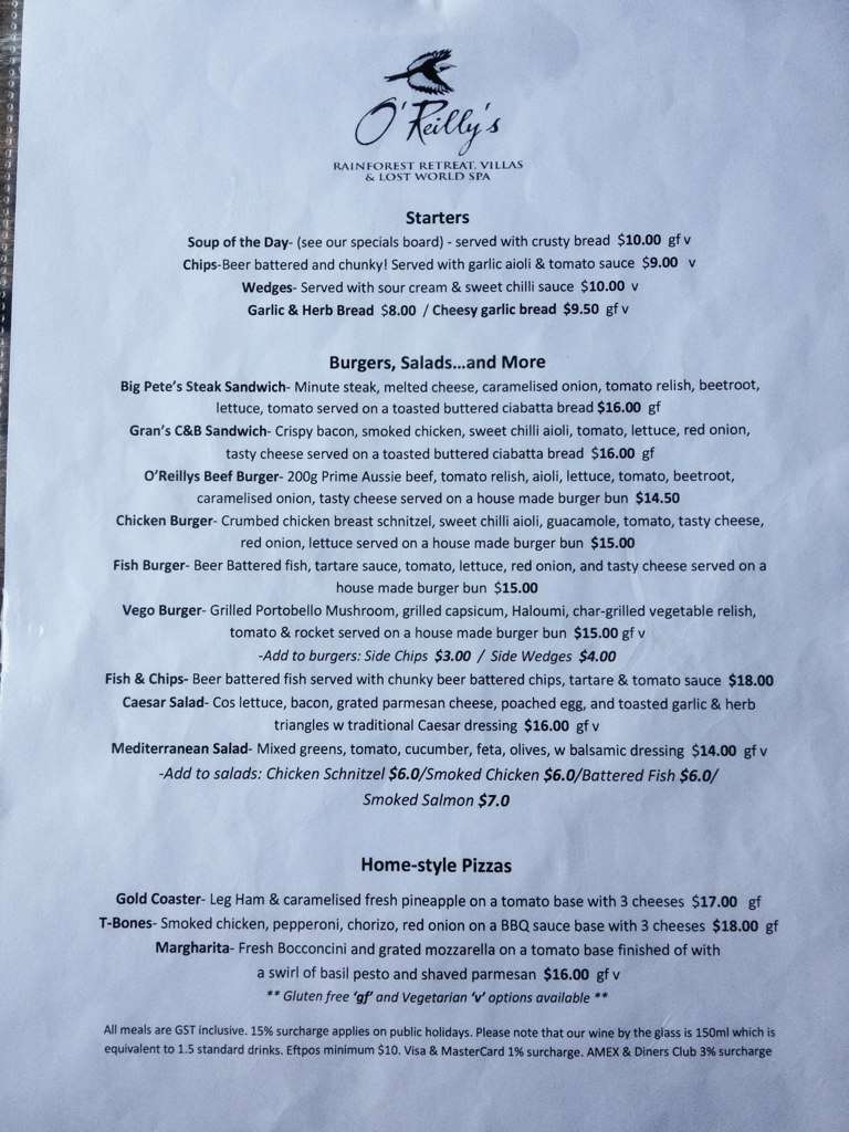 O Reilly S Mountain Cafe Menu Menu For O Reilly S Mountain Cafe Canungra Canungra