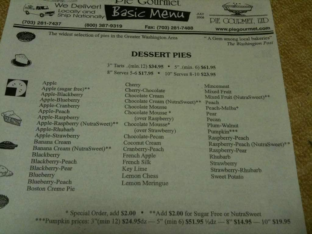 Pie Gourmet Limited Menu, Menu for Pie Gourmet Limited, Vienna, Fairfax