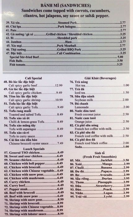 Menu at Cali Sandwich & Pho restaurant, Houston