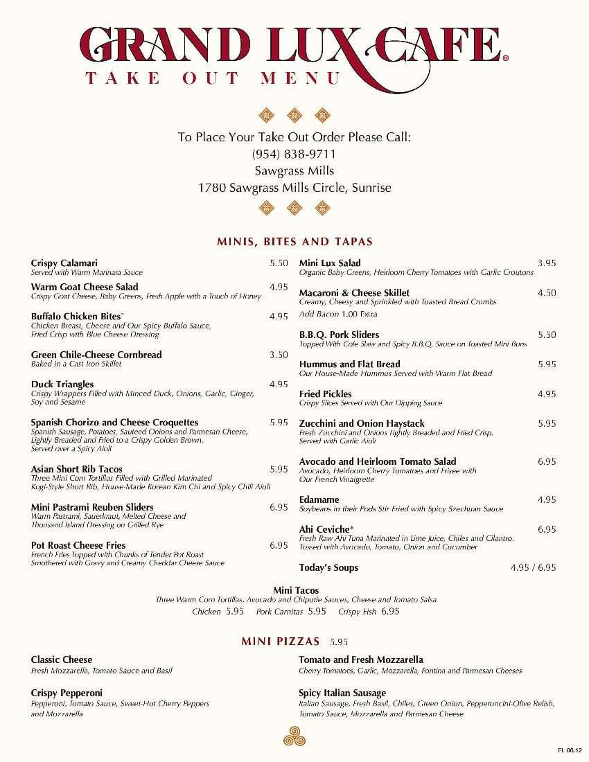 Grand Lux Cafe Menu