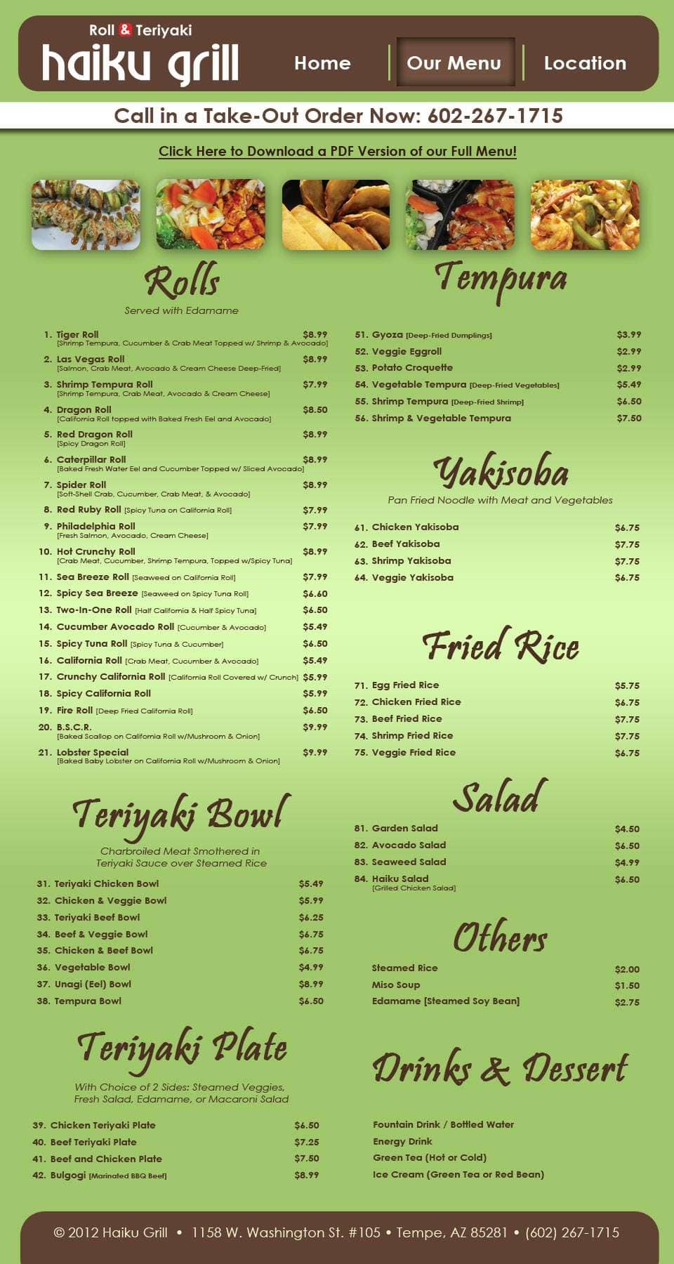 Menu at Haiku Grill restaurant, Tempe