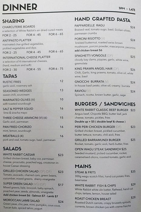 Menu at White Rabbit cafe, Double Bay, 53 Bay St