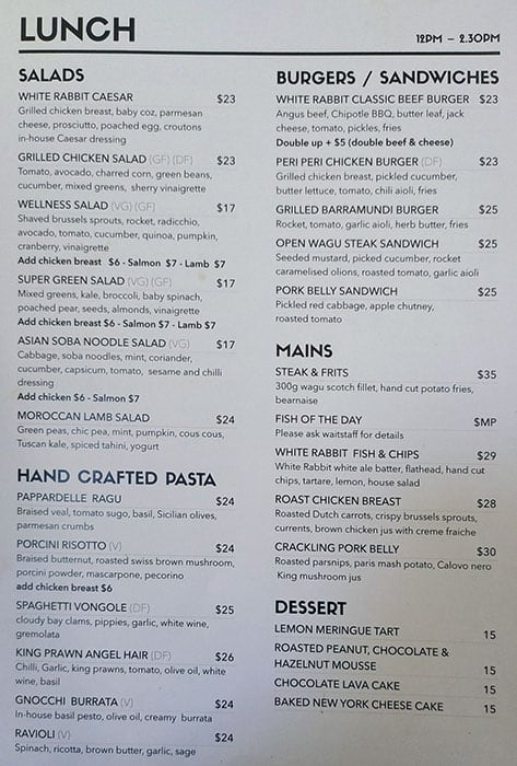 Menu at White Rabbit cafe, Double Bay, 53 Bay St