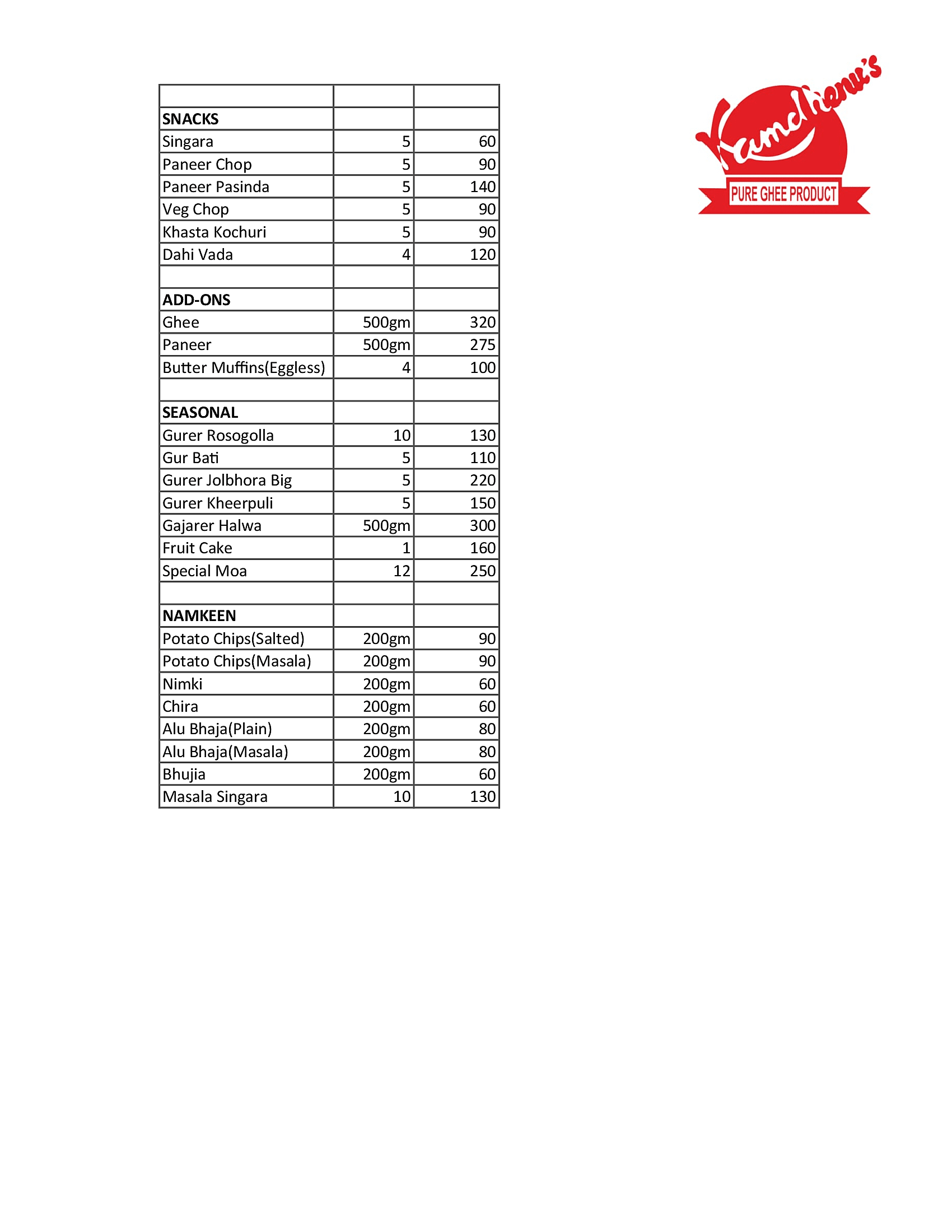 Kamdhenu's Sweets menu