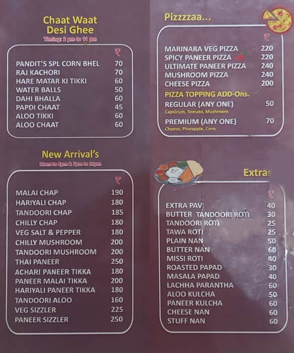 Pandit's Restaurant menu