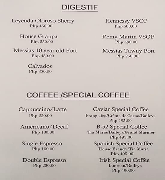 Menu at Caviar Restaurant and Champagne Bar, Muntinlupa