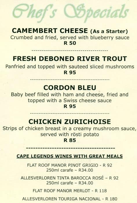 Menu At Bennigan's Restaurant, Johannesburg, Upper Level