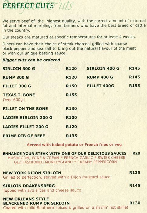 Menu at Bennigan's restaurant, Johannesburg, Upper Level