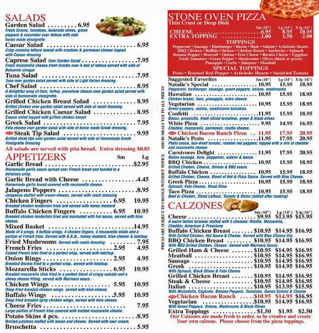 Natalie's Pizza & Subs Menu Urbanspoon/Zomato