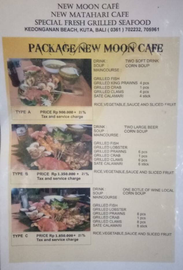 Menu Of New Moon Cafe Jimbaran Bali