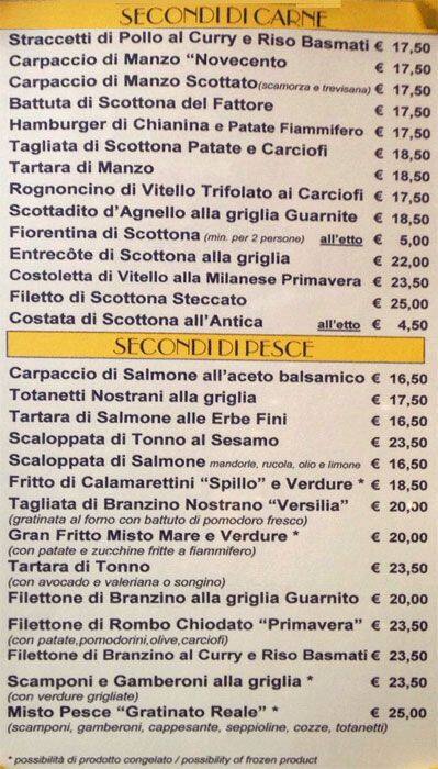 Menu di Novecento 