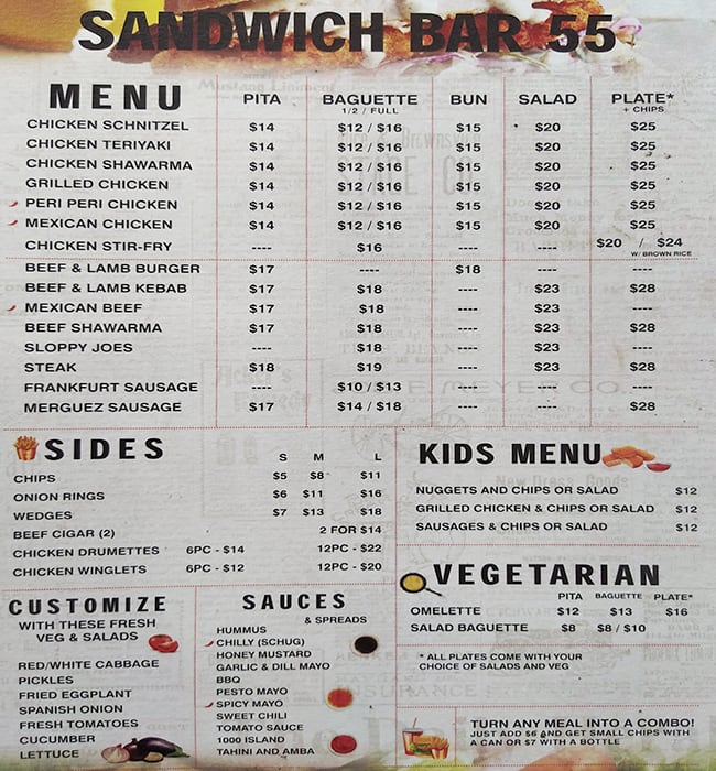 Menu at Sandwich Bar 55, Caulfield North