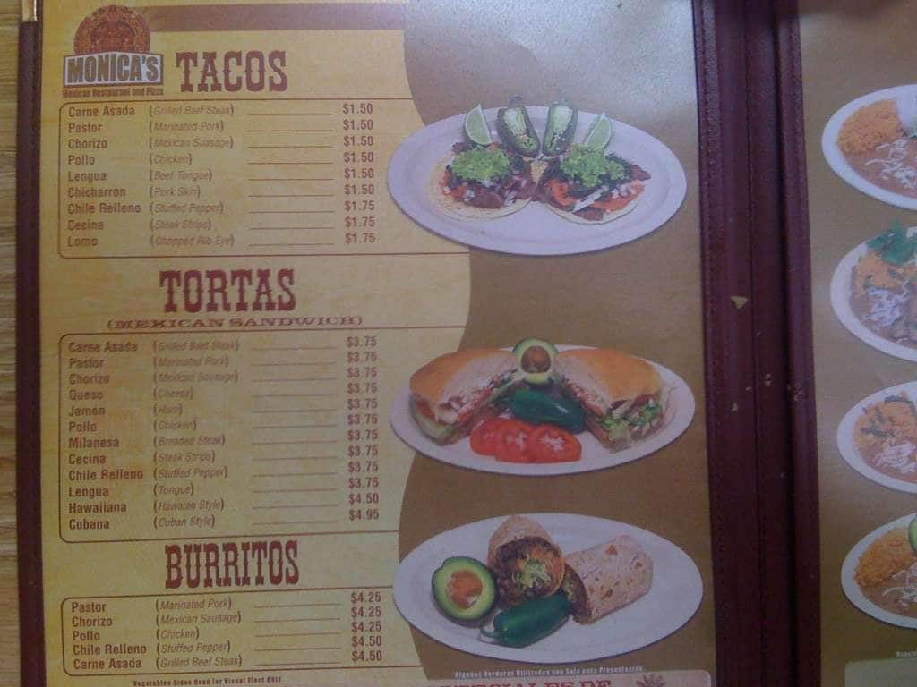Menu at Monica's Mexican Restaurant, Prospect Heights