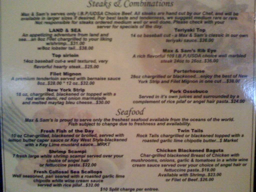 Menu at Max & Sam's Bar & Grill, Saint Petersburg