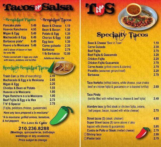 Menu at Pepe's Tacos N Salsa restaurant, San Antonio, Jones Maltsberger Rd