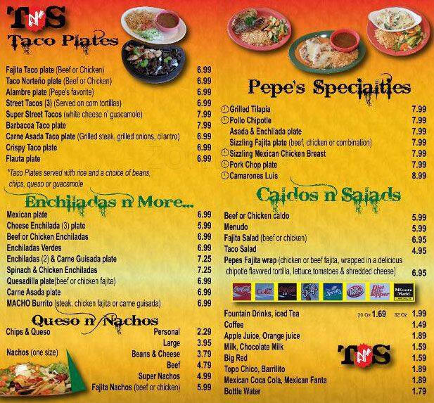 Menu at Pepe's Tacos N Salsa restaurant, San Antonio, Jones Maltsberger Rd