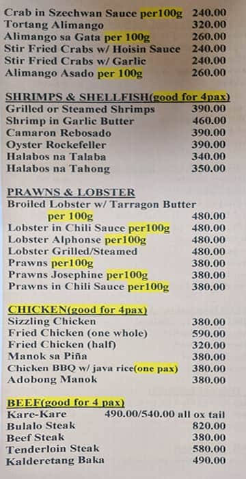 Menu at Josephine Restaurant, Tagaytay, Km. 58