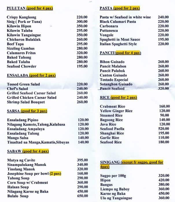 Josephine's menu, Menu restauracji Josephine's, Tagaytay City, Tagaytay ...